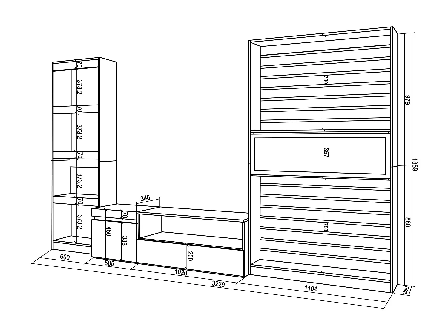 Ensemble Meuble TV, 320x35x186cm, Cheminée électrique, Chêne et noir