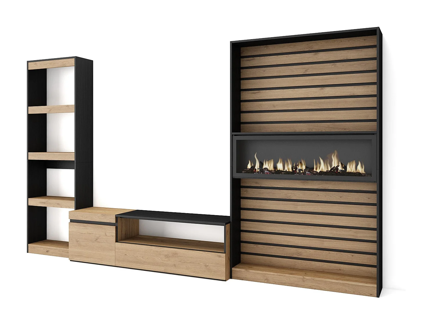 Wohnwand Wohnzimmer, 320x35x186cm, Elektrokamin. Maße, Eiche Schwarz
