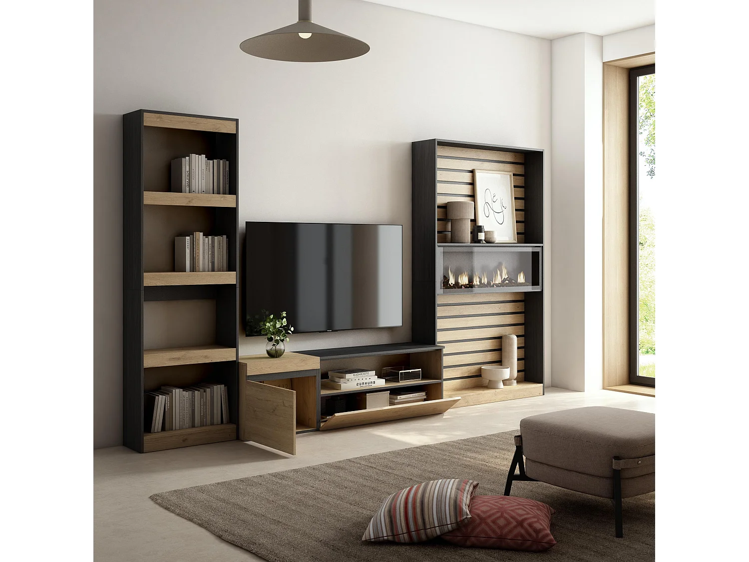 Wohnwand Wohnzimmer, 320x35x186cm, Elektrokamin. Maße, Eiche Schwarz