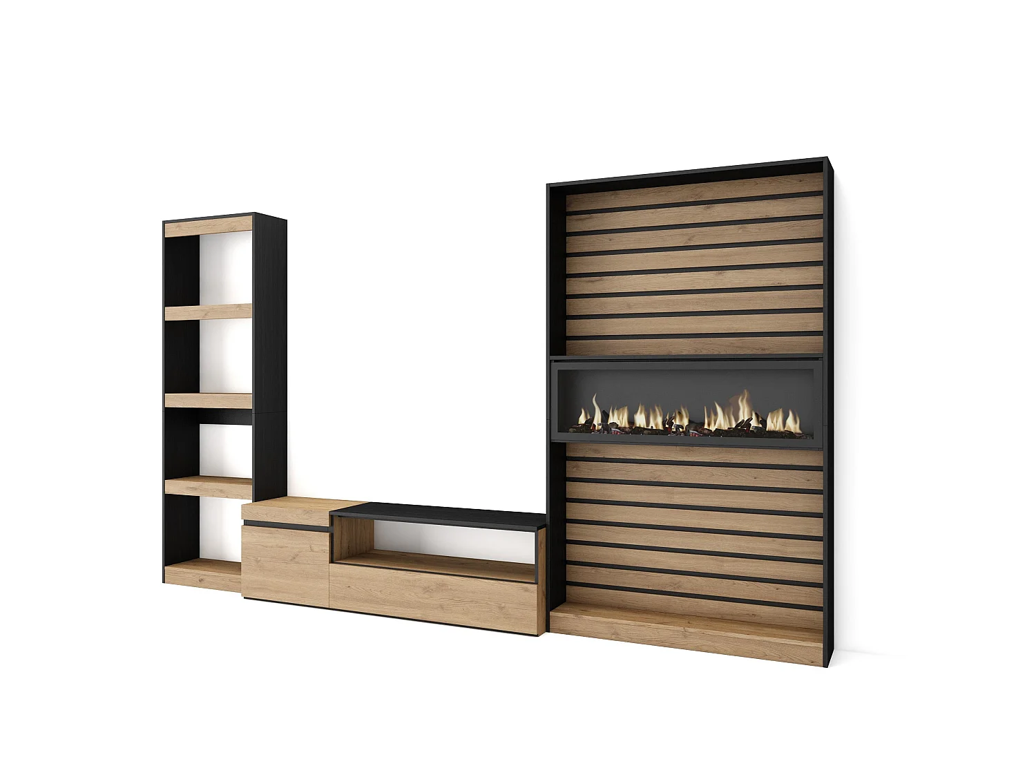 Mobile Soggiorno TV, 320x35x186cm, Camino elettrico, Rovere e nero