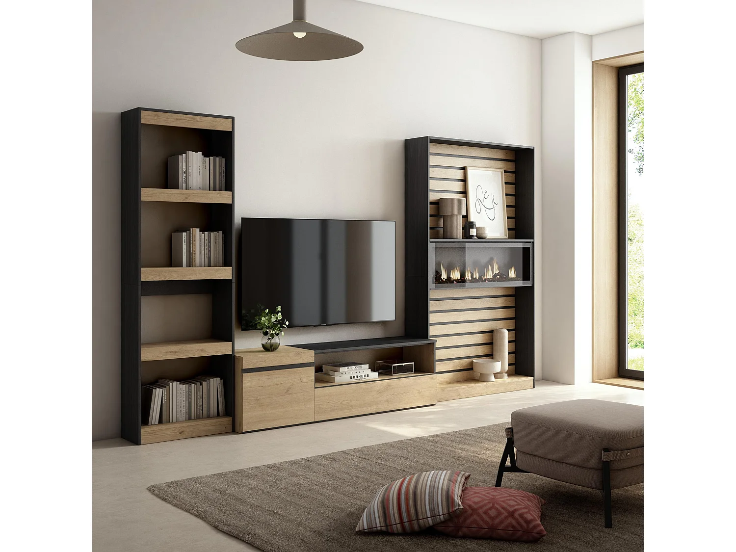 Mobile Soggiorno TV, 320x35x186cm, Camino elettrico, Rovere e nero