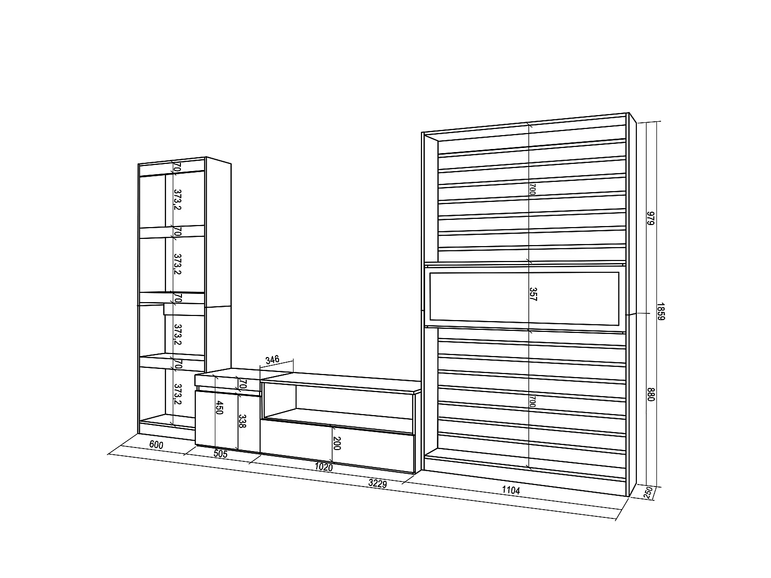 Mobile Soggiorno TV, 320x35x186cm, Camino elettrico, Rovere e nero