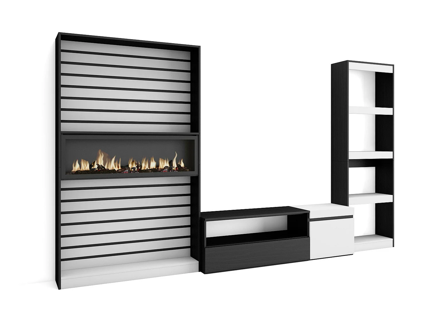 Ensemble Meuble TV, 320x186x35cm, Cheminée électrique, Blanc et noir