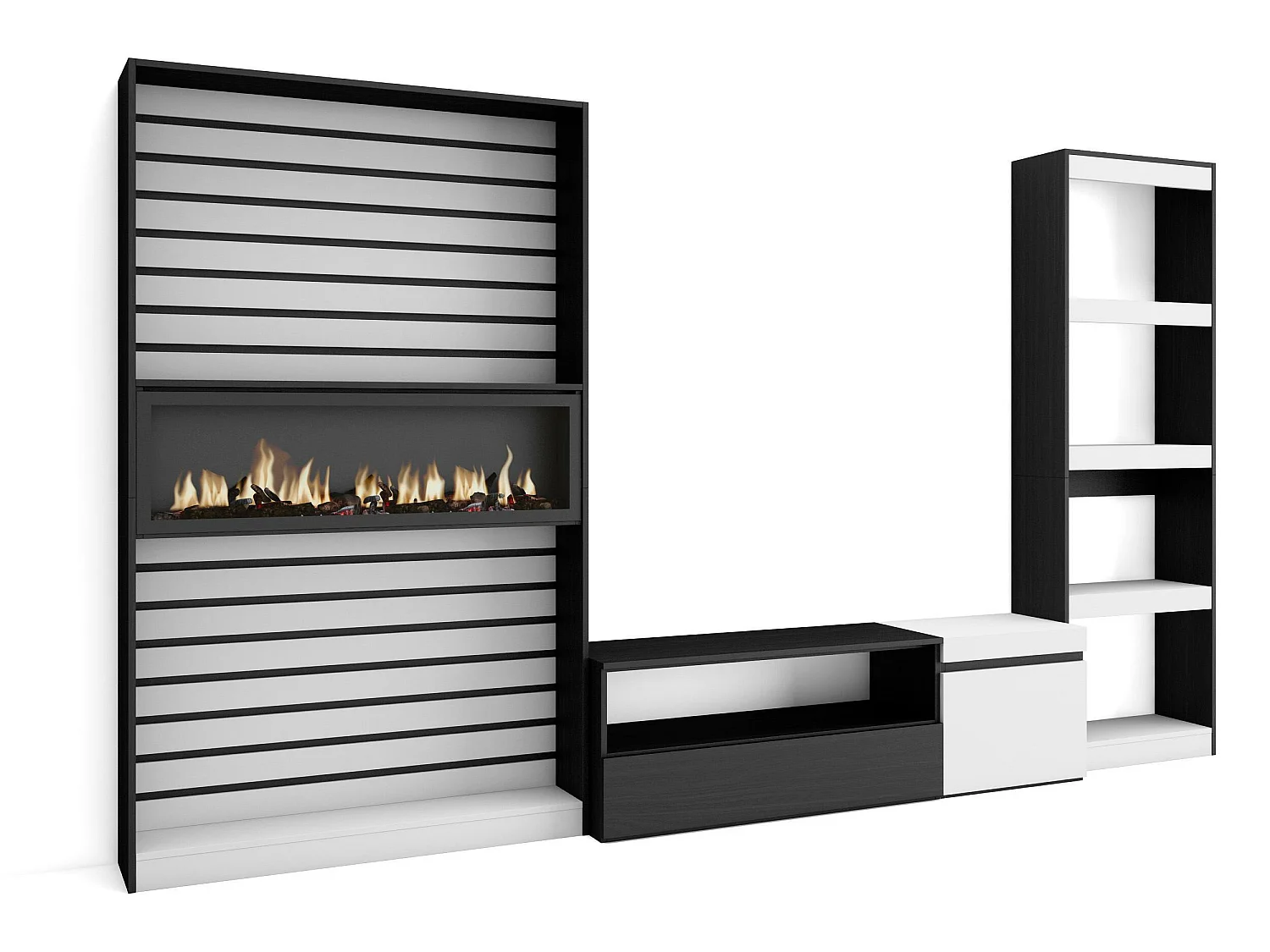 Ensemble Meuble TV, 320x186x35cm, Cheminée électrique, Blanc et noir