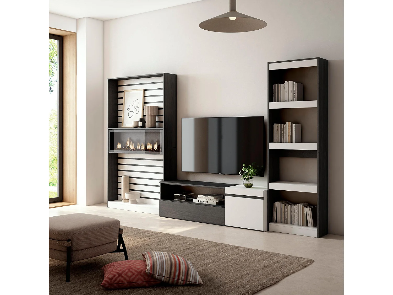 Ensemble Meuble TV, 320x186x35cm, Cheminée électrique, Blanc et noir