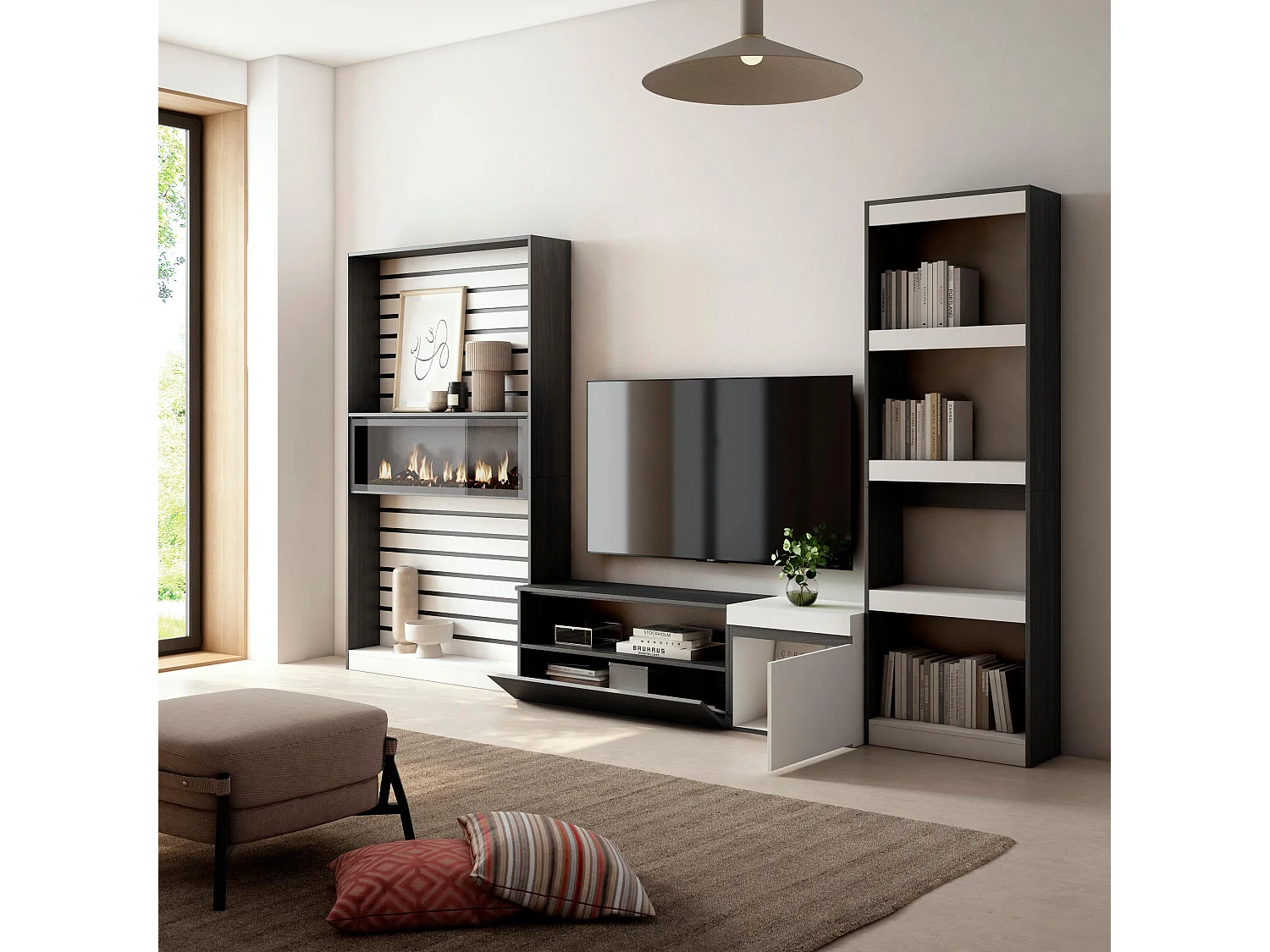 Ensemble Meuble TV, 320x186x35cm, Cheminée électrique, Blanc et noir