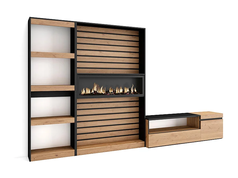 Ensemble Meuble TV, 320x35x186cm, Cheminée électrique, Chêne et noir