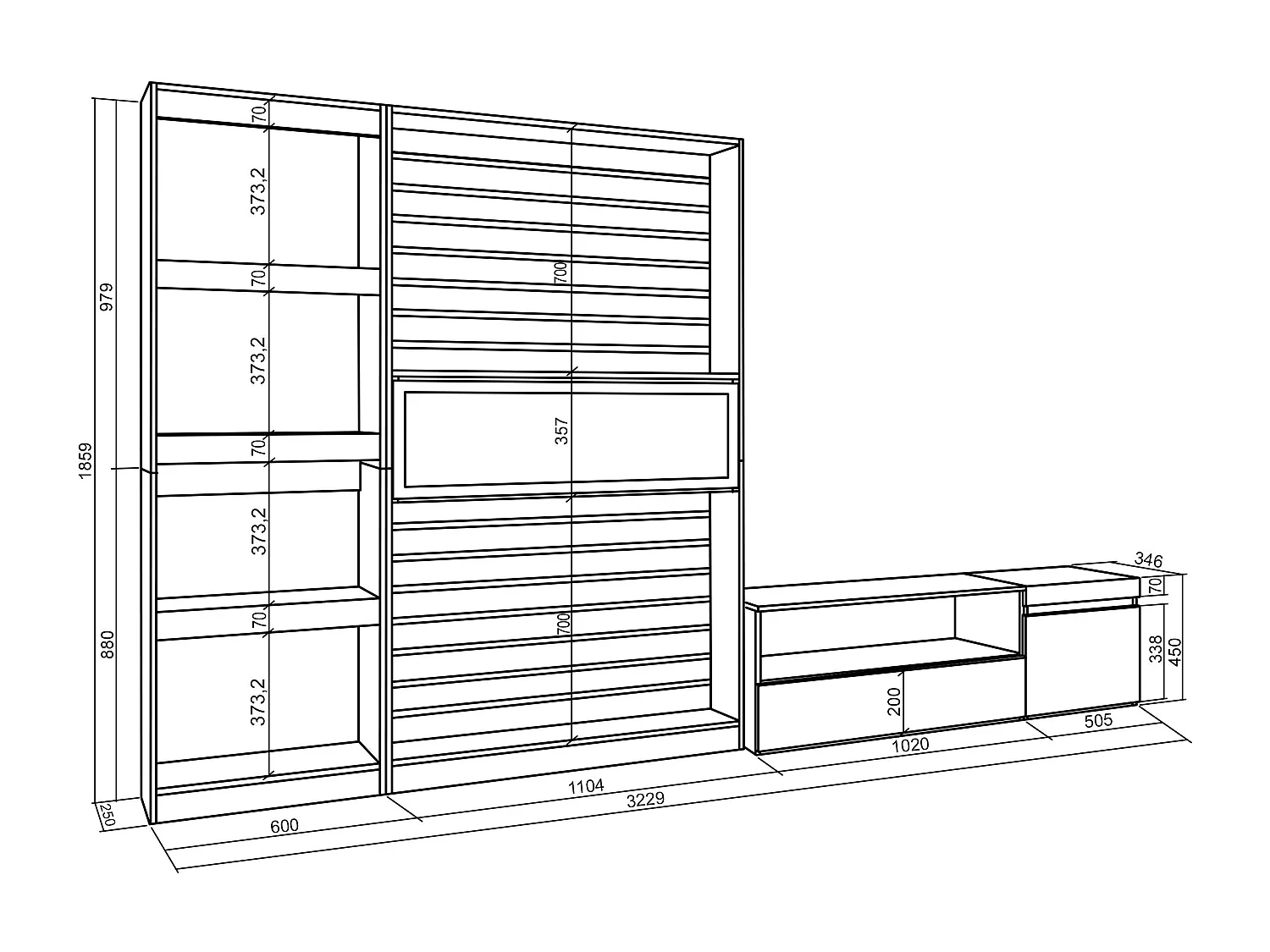 Meubels voor woonkamer, 320x35x186cm, Elektrische haard, Eiken/Zwart