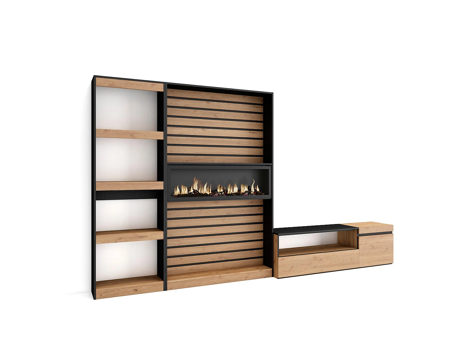 Ensemble Meuble TV, 320x35x186cm, Cheminée électrique, Chêne et noir