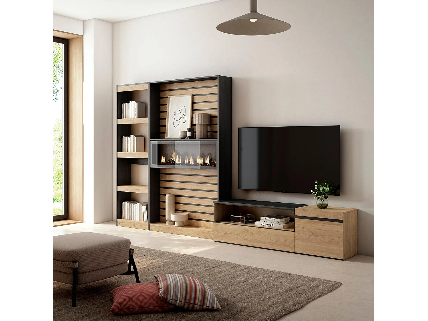 Ensemble Meuble TV, 320x35x186cm, Cheminée électrique, Chêne et noir