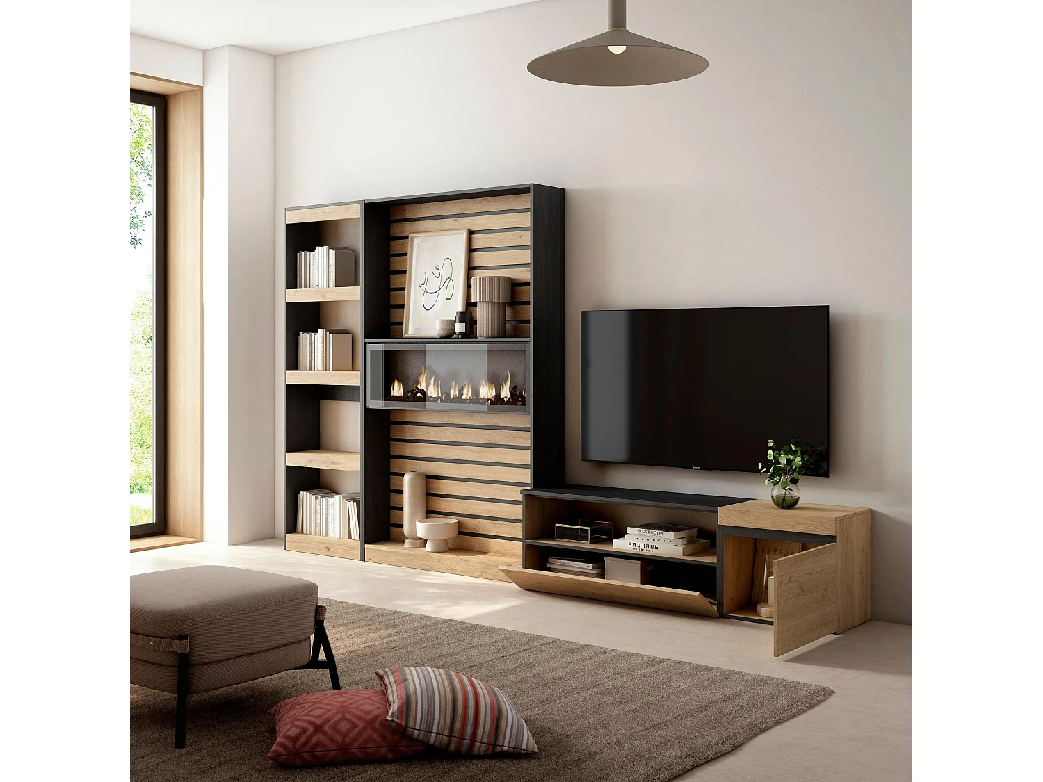 Ensemble Meuble TV, 320x35x186cm, Cheminée électrique, Chêne et noir