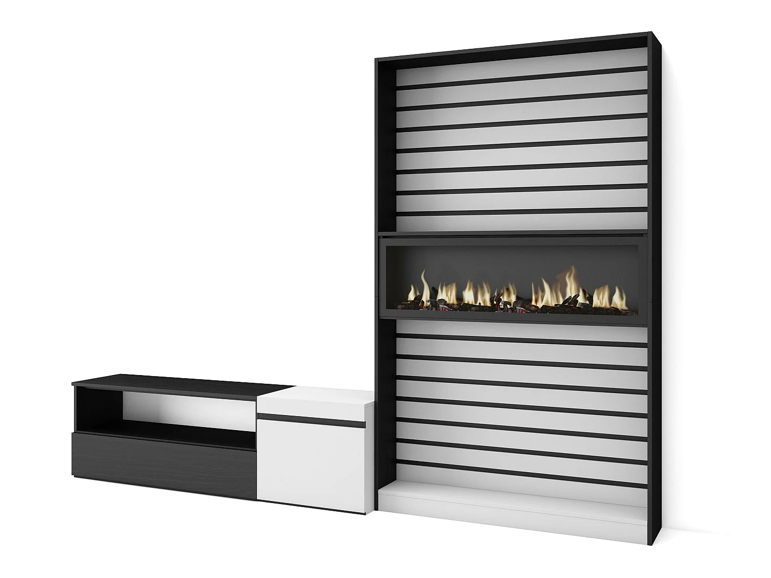 Ensemble Meuble TV, 260x35x186cm, Pour les TV jusqu'à 65", Cheminée électrique, Blanc et noir