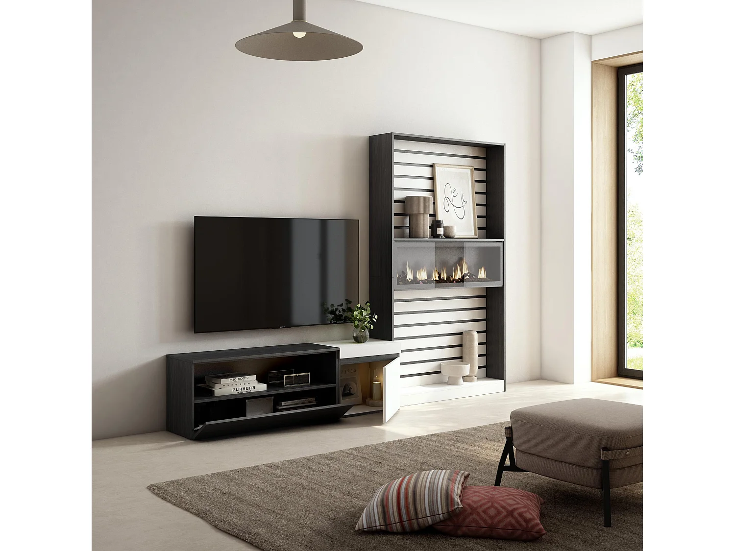 Wohnwand Wohnzimmer, 260x35x186cm, Für TV-Geräte bis zu 65", Elektrokamin. Maße, Weiß und Schwarz