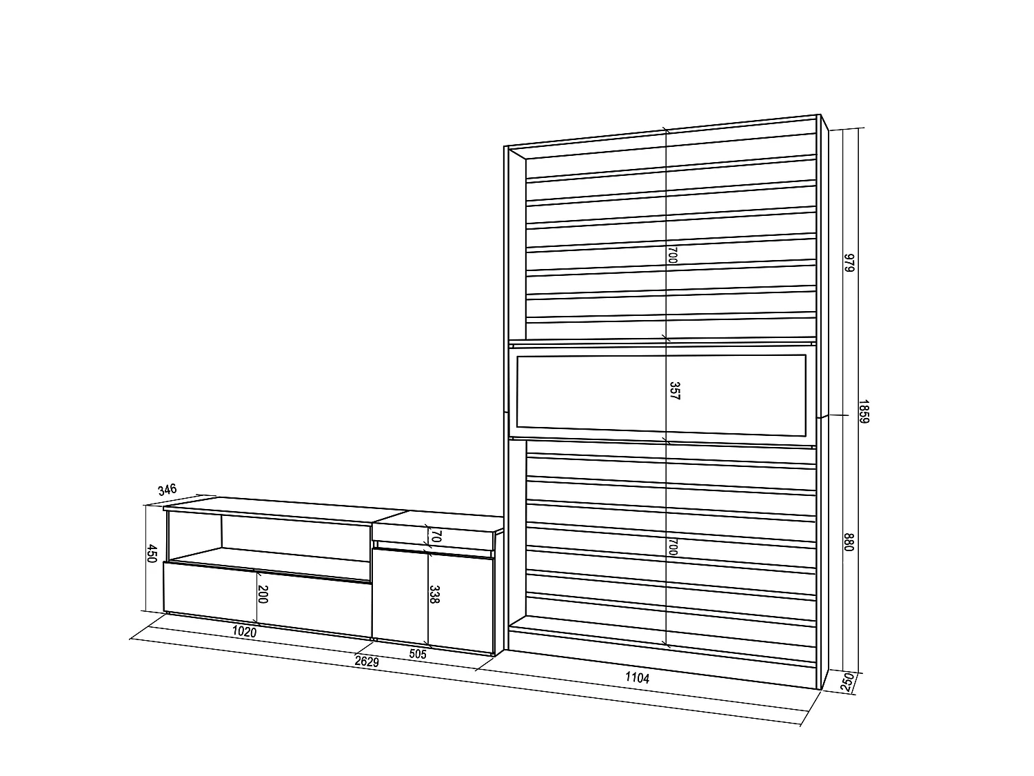 Wohnwand Wohnzimmer, 260x35x186cm, Für TV-Geräte bis zu 65", Elektrokamin. Maße, Weiß und Schwarz
