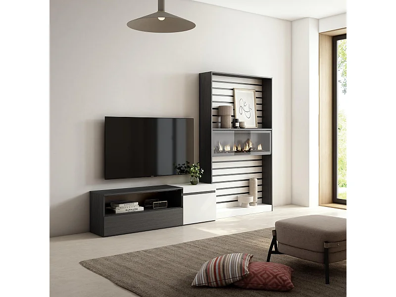 Ensemble Meuble TV, 260x35x186cm, Pour les TV jusqu'à 65", Cheminée électrique, Blanc et noir