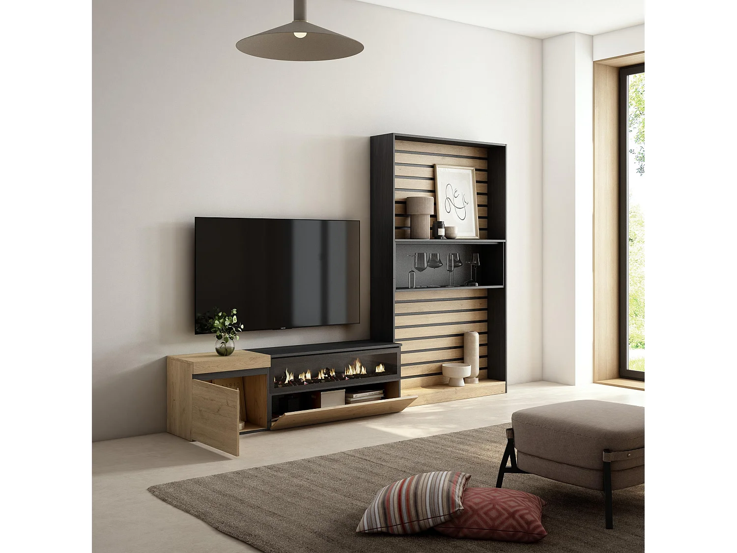 Meubels voor woonkamer, 260x35x186cm, Voor tv's tot 65", Elektrische haard, Eiken/Zwart