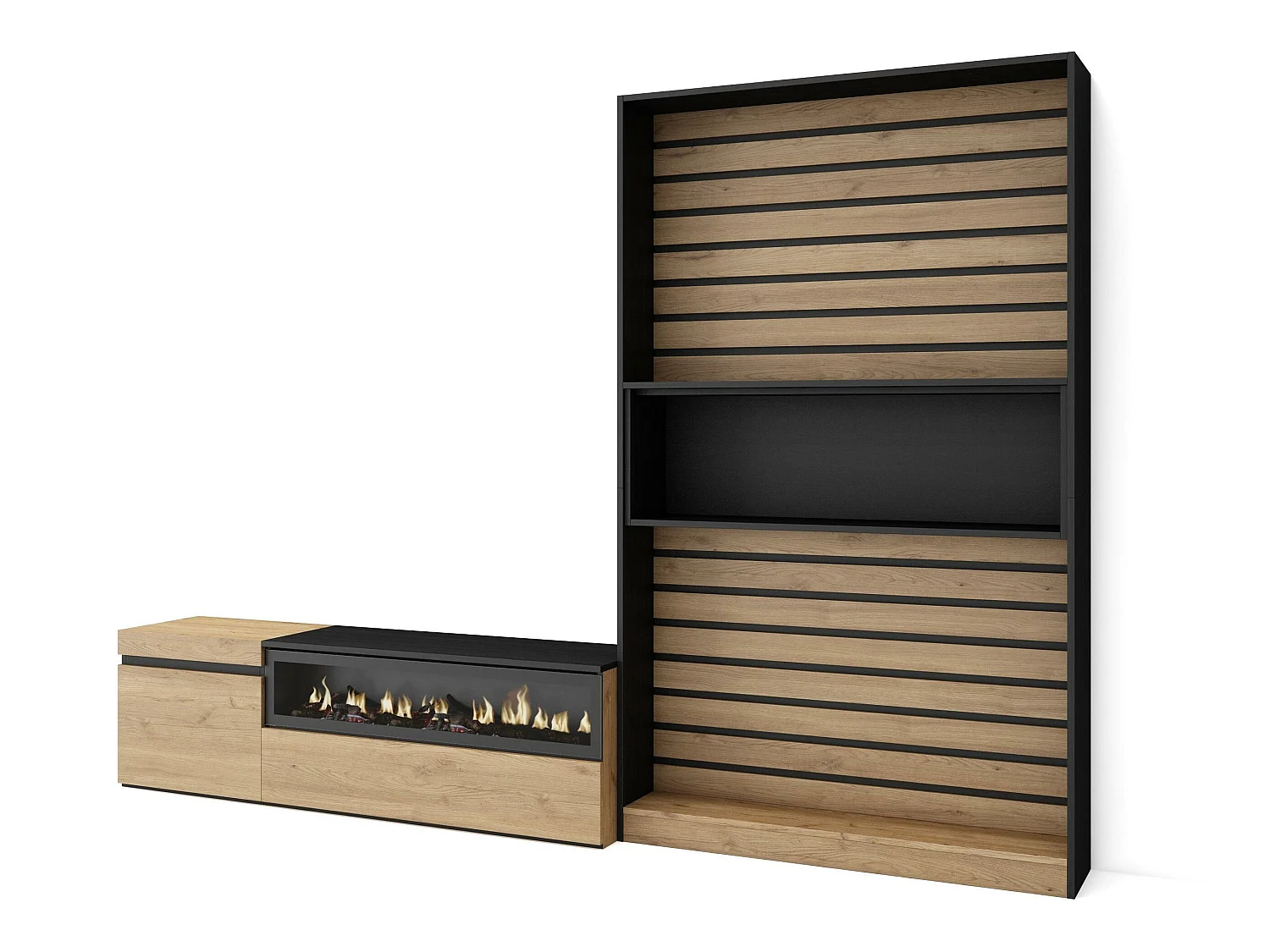 Ensemble Meuble TV, 260x35x186cm, Pour les TV jusqu'à 65", Cheminée électrique, Chêne et noir