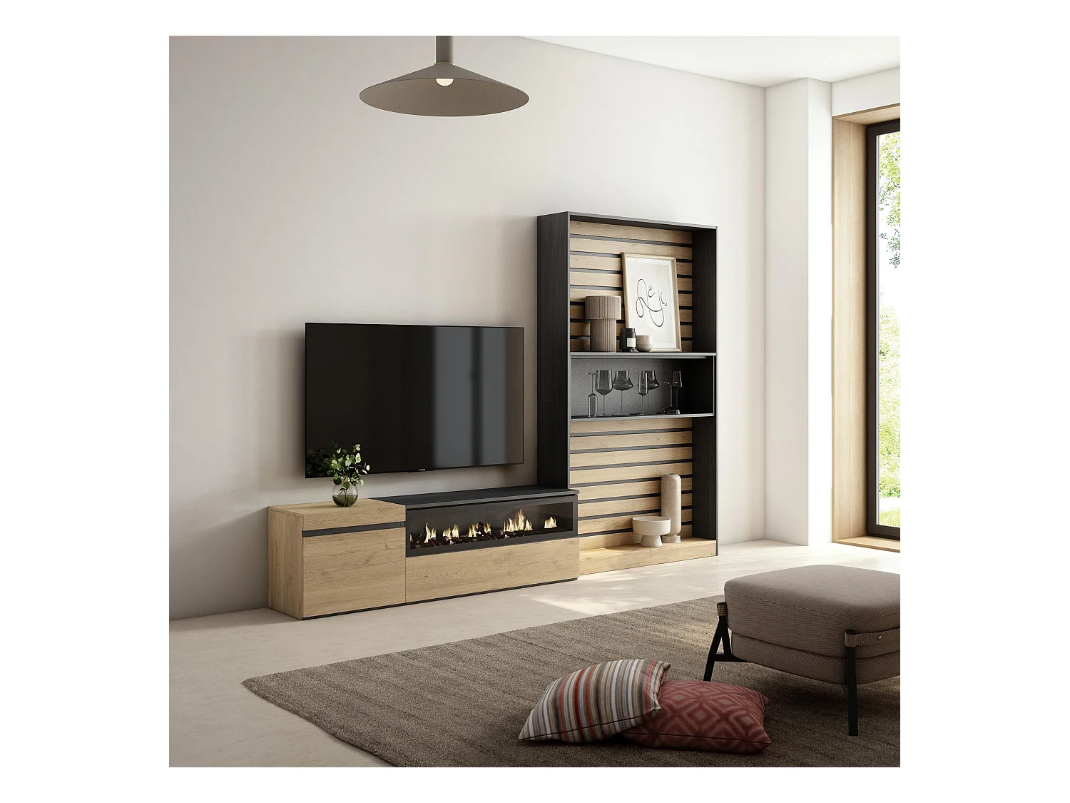 Ensemble Meuble TV, 260x35x186cm, Pour les TV jusqu'à 65", Cheminée électrique, Chêne et noir