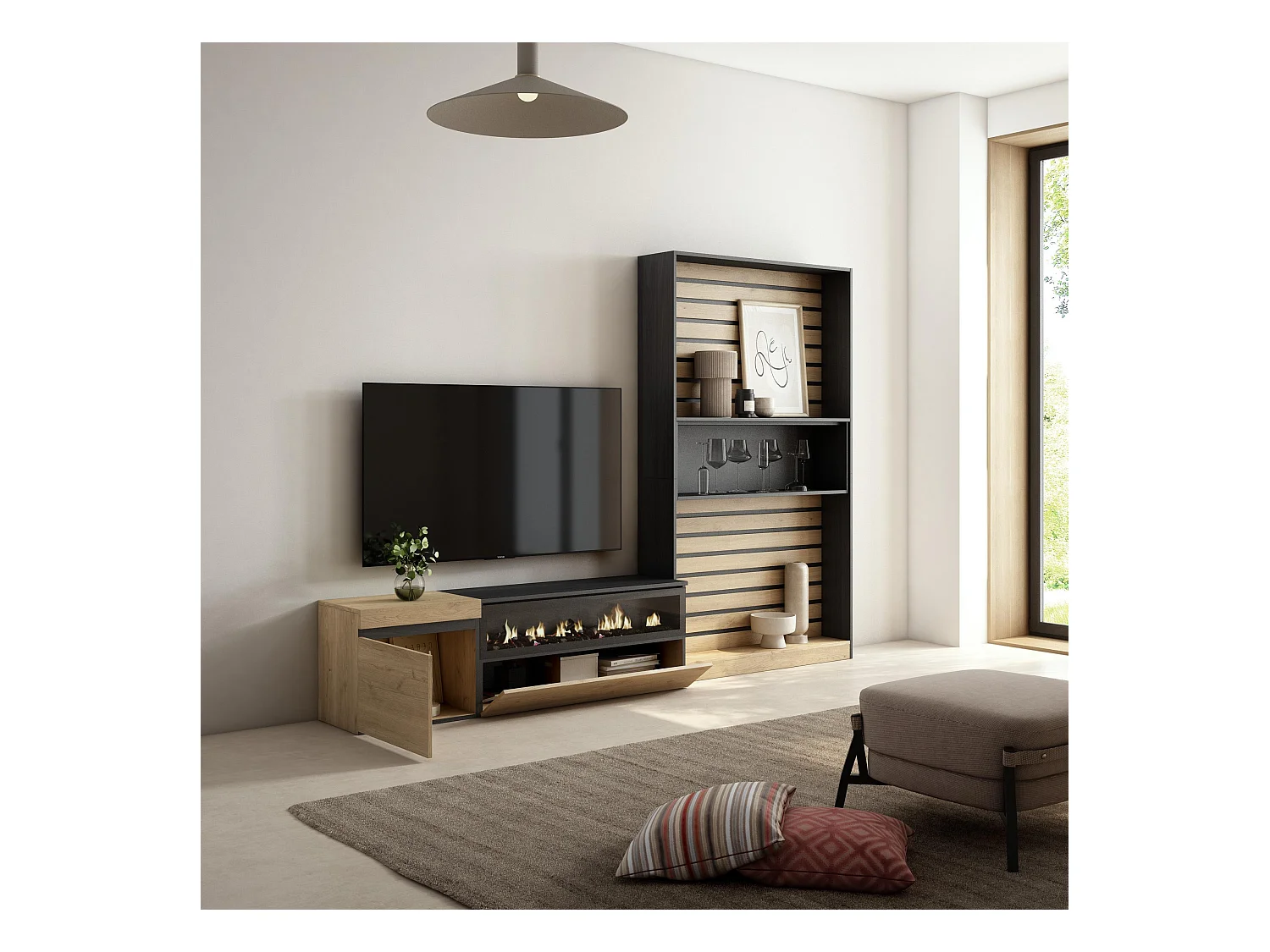 Ensemble Meuble TV, 260x35x186cm, Pour les TV jusqu'à 65", Cheminée électrique, Chêne et noir
