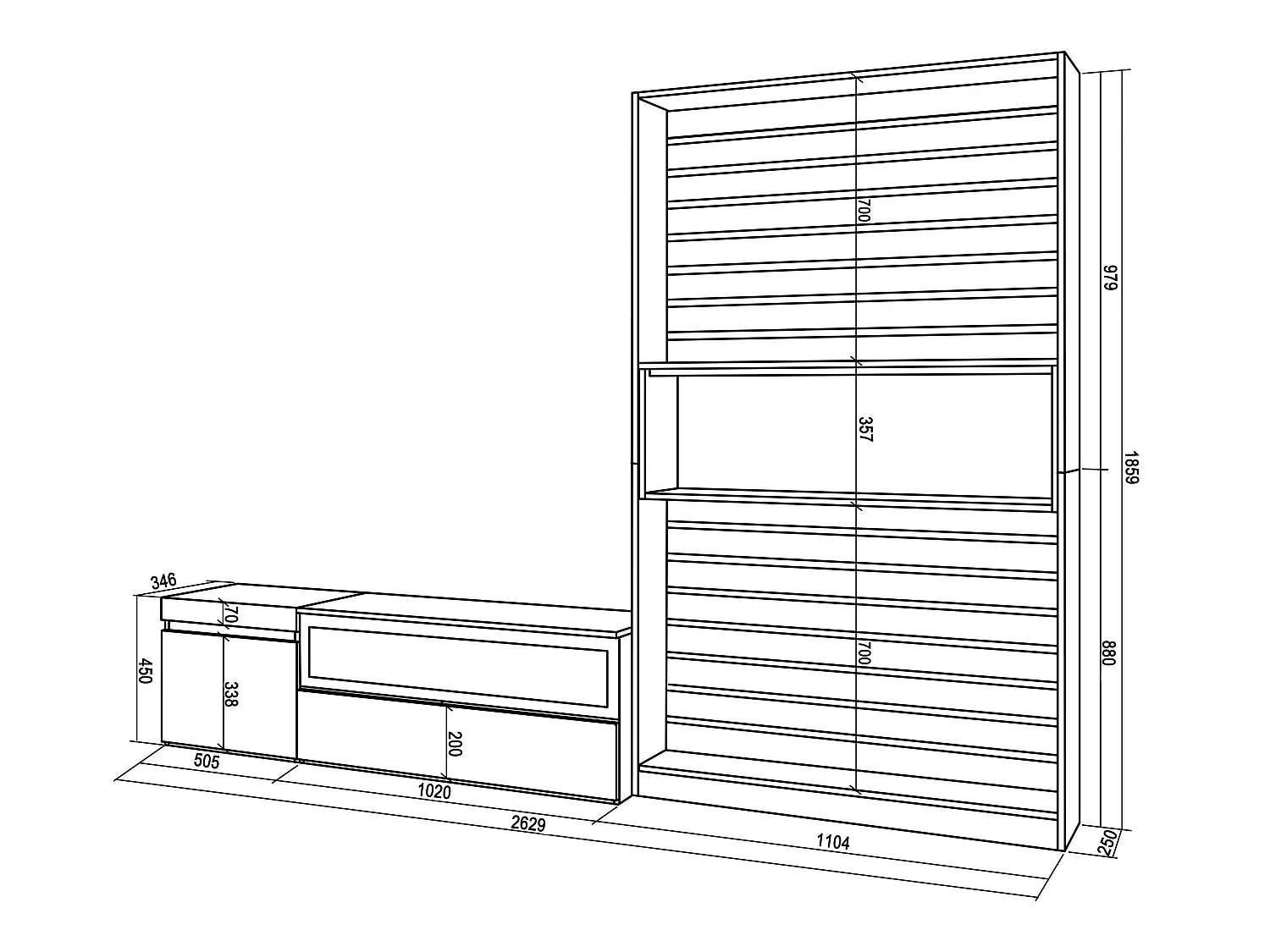 Ensemble Meuble TV, 260x35x186cm, Pour les TV jusqu'à 65", Cheminée électrique, Chêne et noir