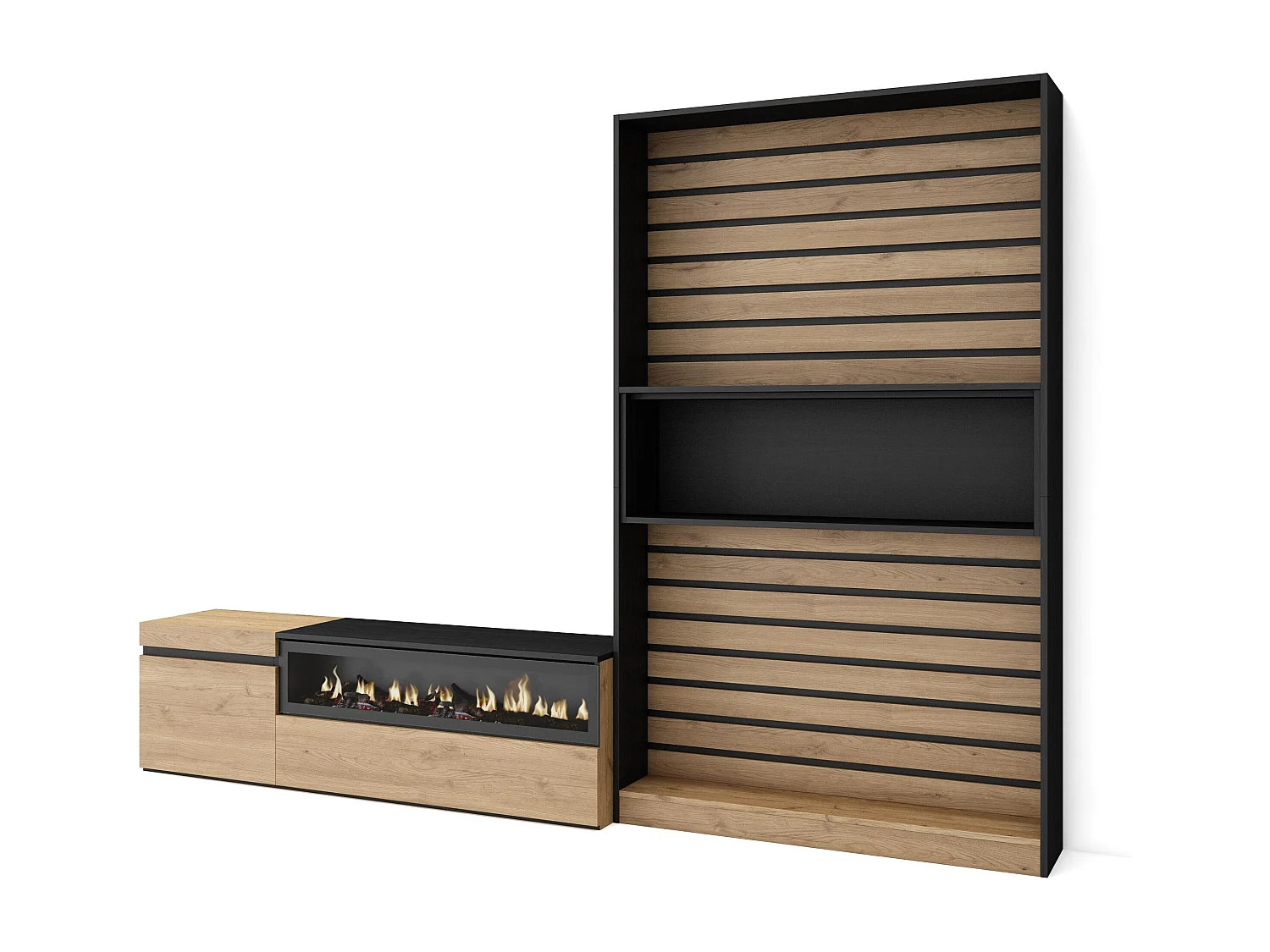 Meubels voor woonkamer, 260x35x186cm, Voor tv's tot 65", Elektrische haard, Eiken/Zwart