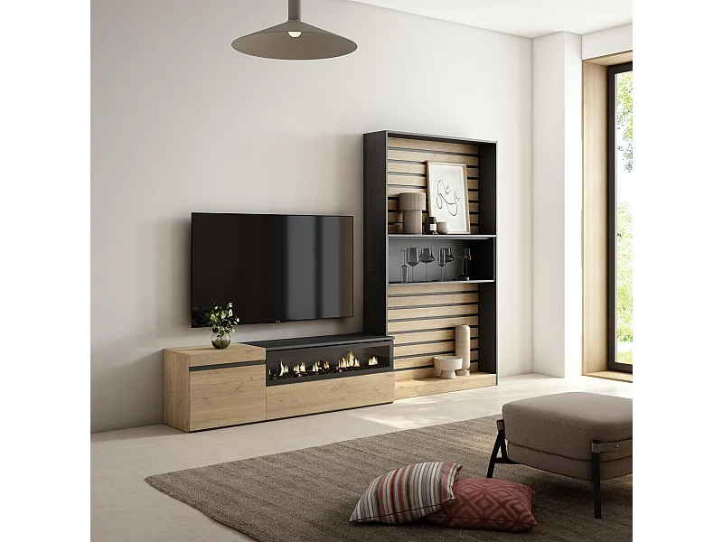 Ensemble Meuble TV, 260x35x186cm, Pour les TV jusqu'à 65", Cheminée électrique, Chêne et noir