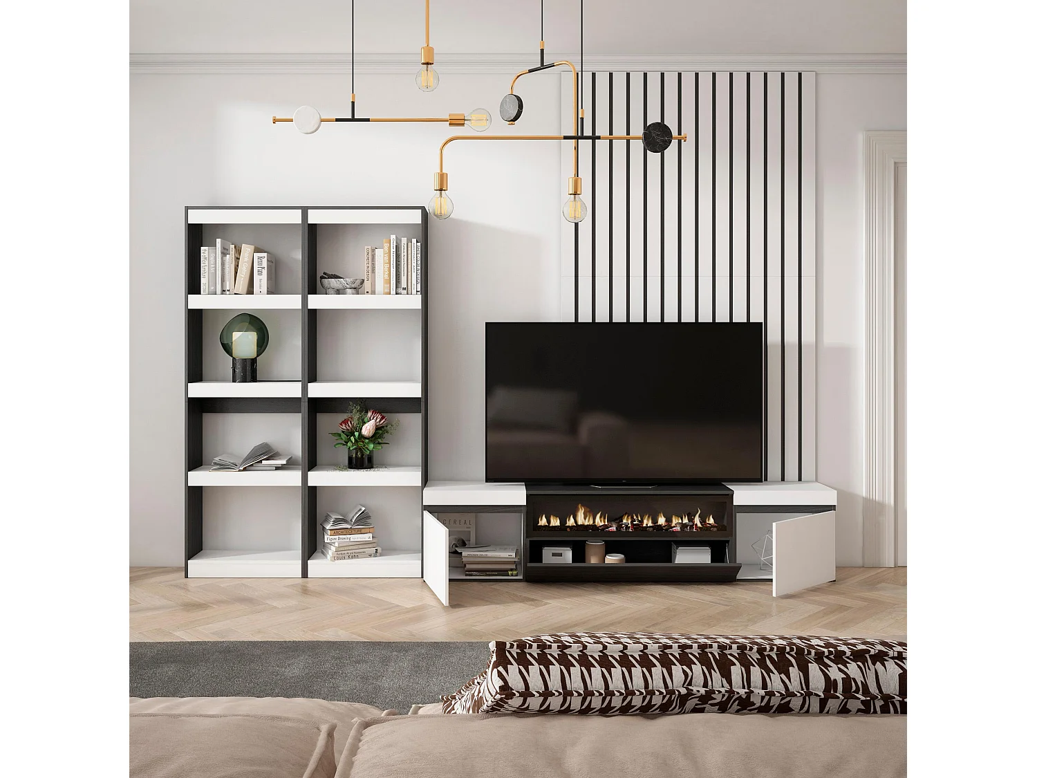 Ensemble Meuble TV, 320x186x35cm, Pour les TV jusqu'à 80", Cheminée électrique, Blanc et noir