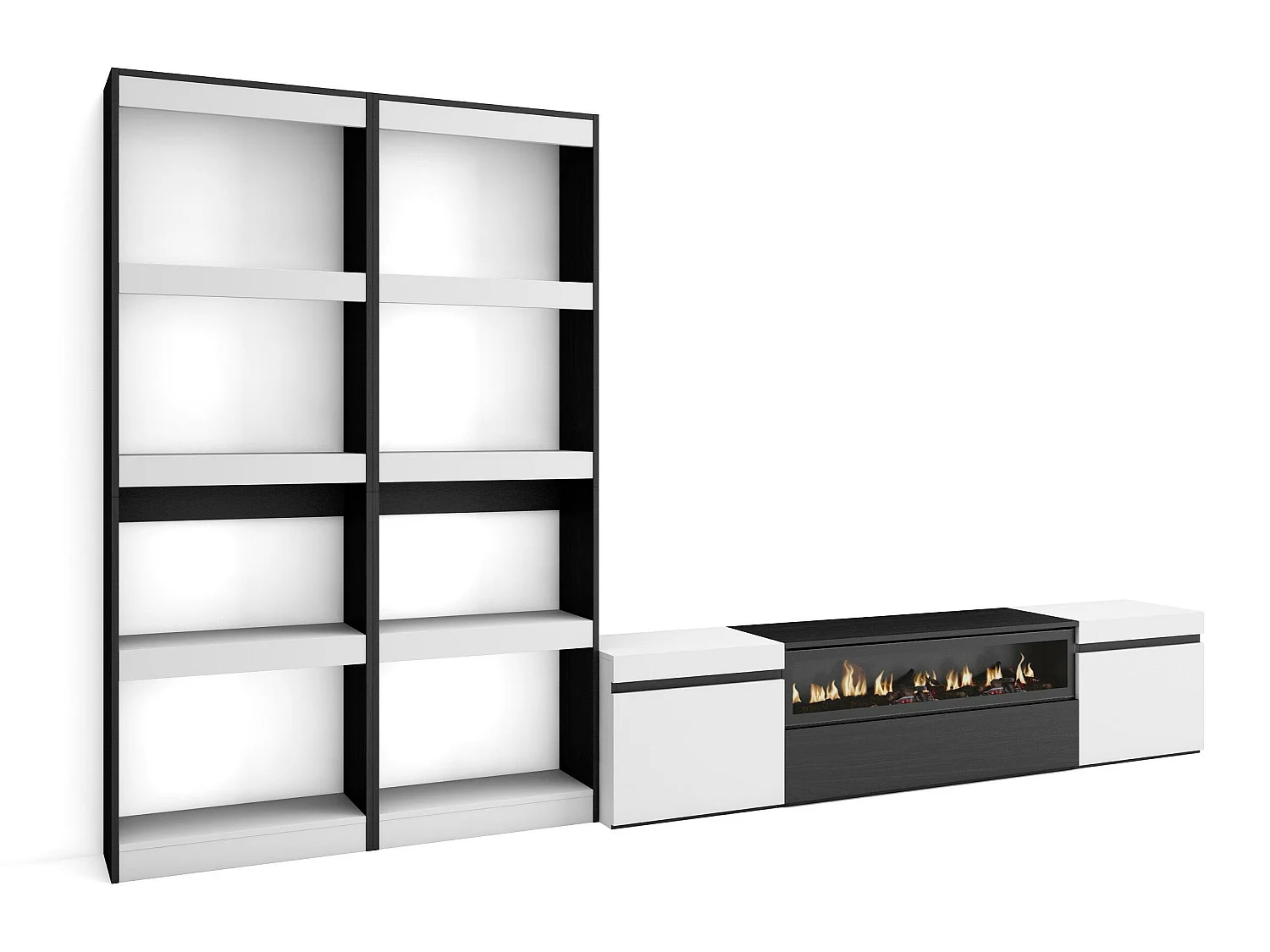 Ensemble Meuble TV, 320x186x35cm, Pour les TV jusqu'à 80", Cheminée électrique, Blanc et noir