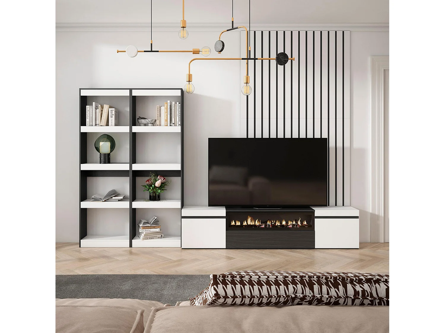 Ensemble Meuble TV, 320x186x35cm, Pour les TV jusqu'à 80", Cheminée électrique, Blanc et noir