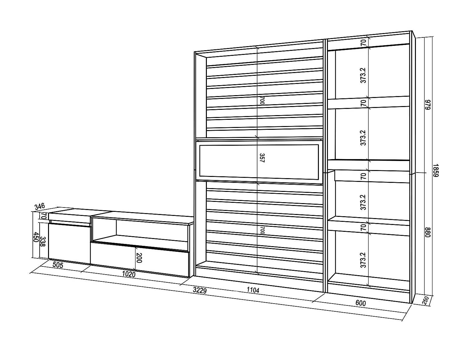 Ensemble Meuble TV, 320x35x186cm, Cheminée électrique, Chêne et noir