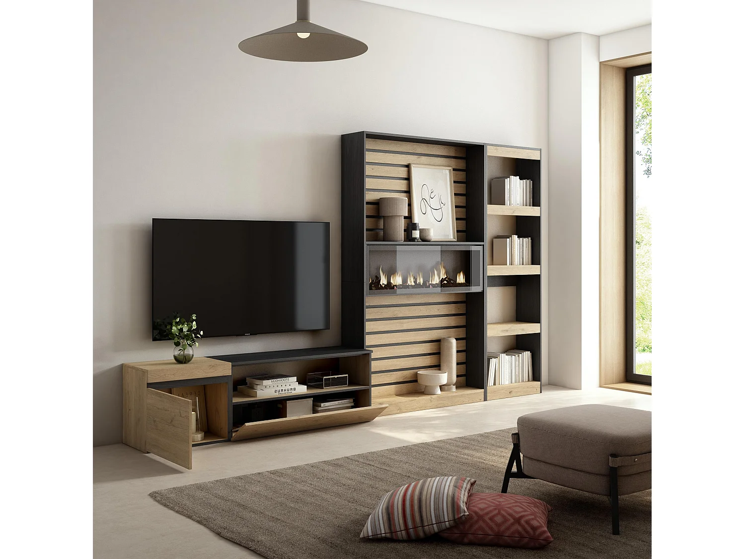 Ensemble Meuble TV, 320x35x186cm, Cheminée électrique, Chêne et noir