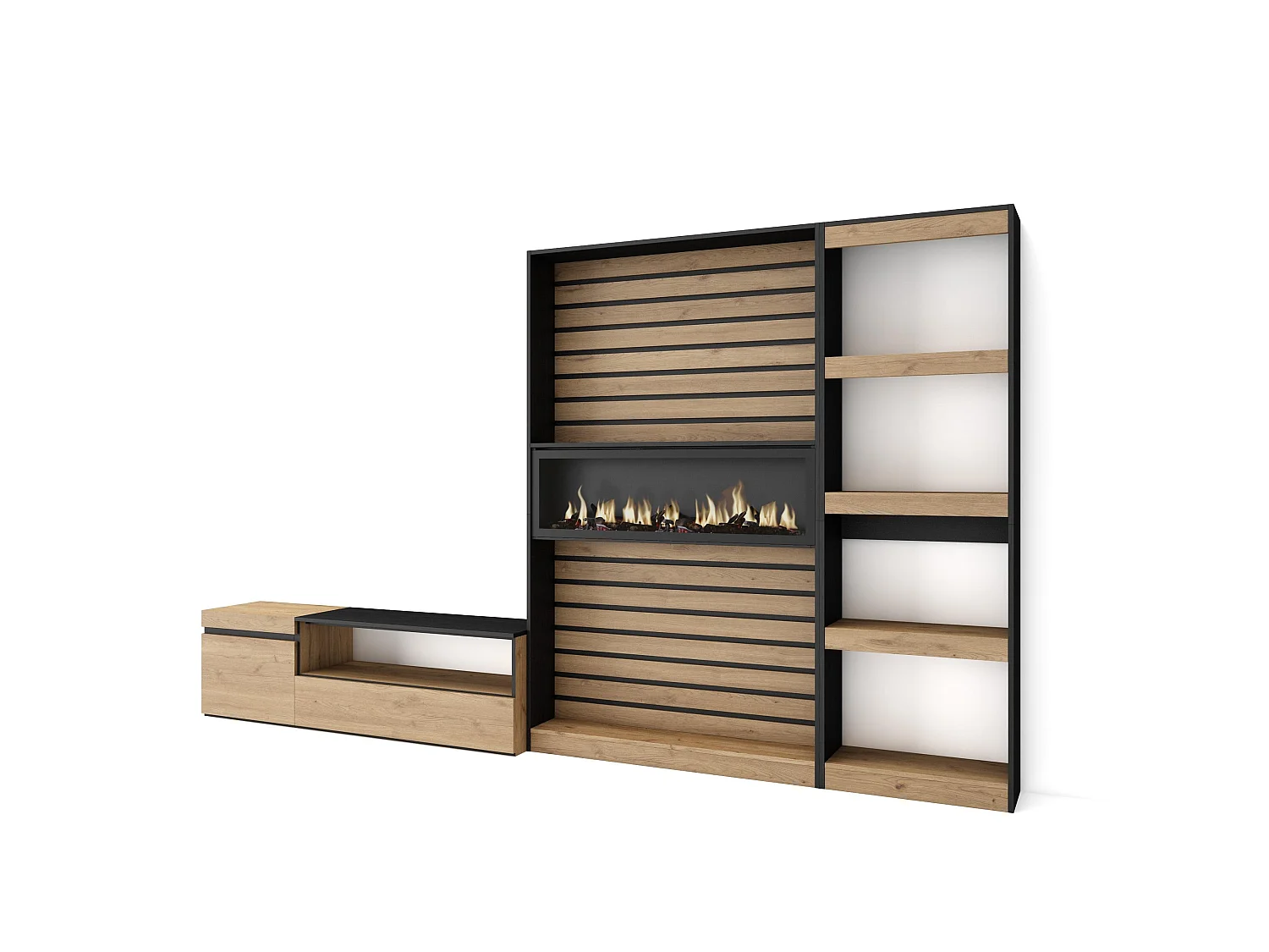 Ensemble Meuble TV, 320x35x186cm, Cheminée électrique, Chêne et noir