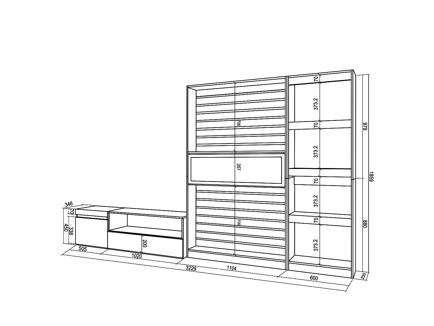Ensemble Meuble TV, 320x35x186cm, Cheminée électrique, Chêne et noir
