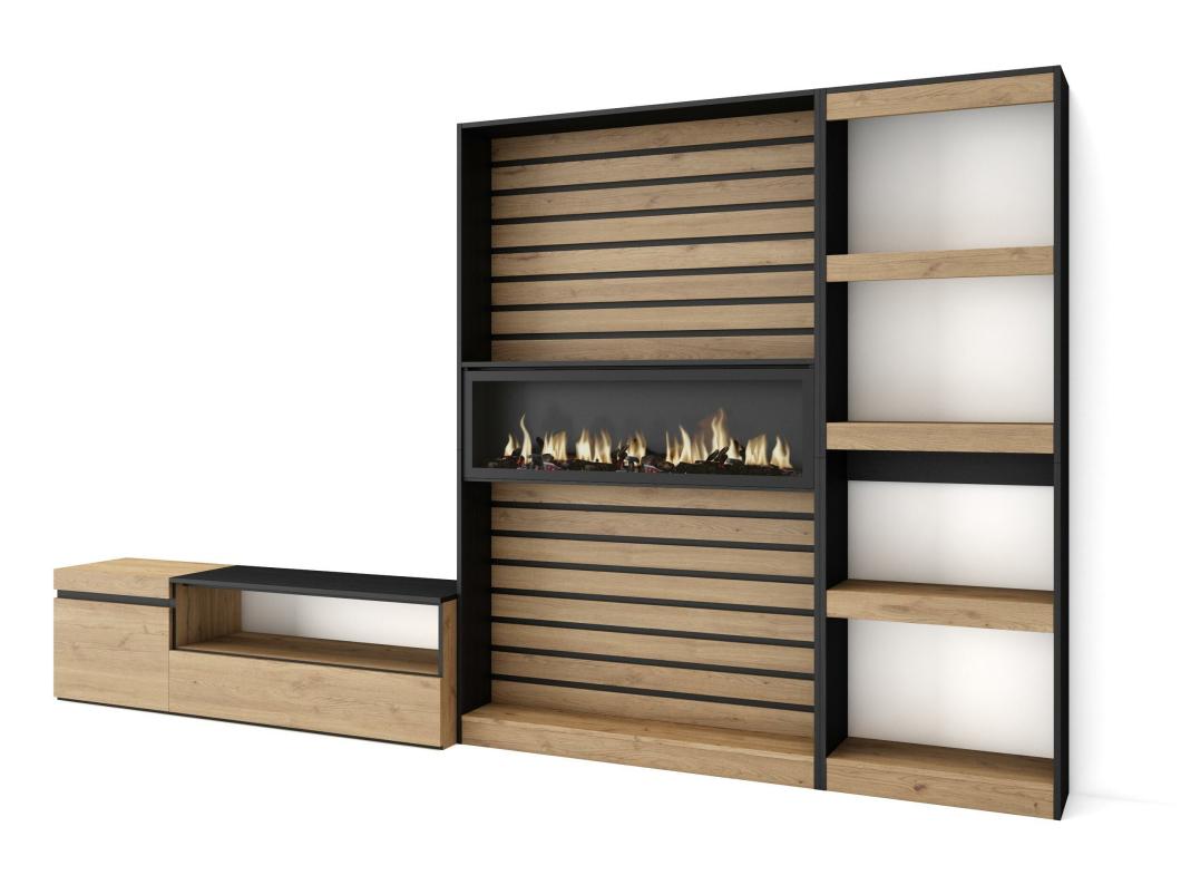 Meubels voor woonkamer, 320x186x35cm, Elektrische haard, Eiken/Zwart