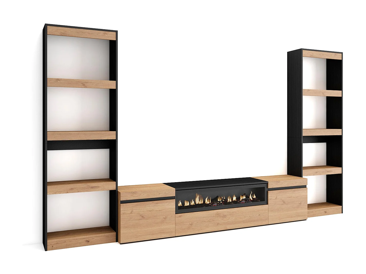 Wohnwand Wohnzimmer, 320x35x186cm, Für TV-Geräte bis zu 80", Elektrokamin. Maße, Eiche Schwarz