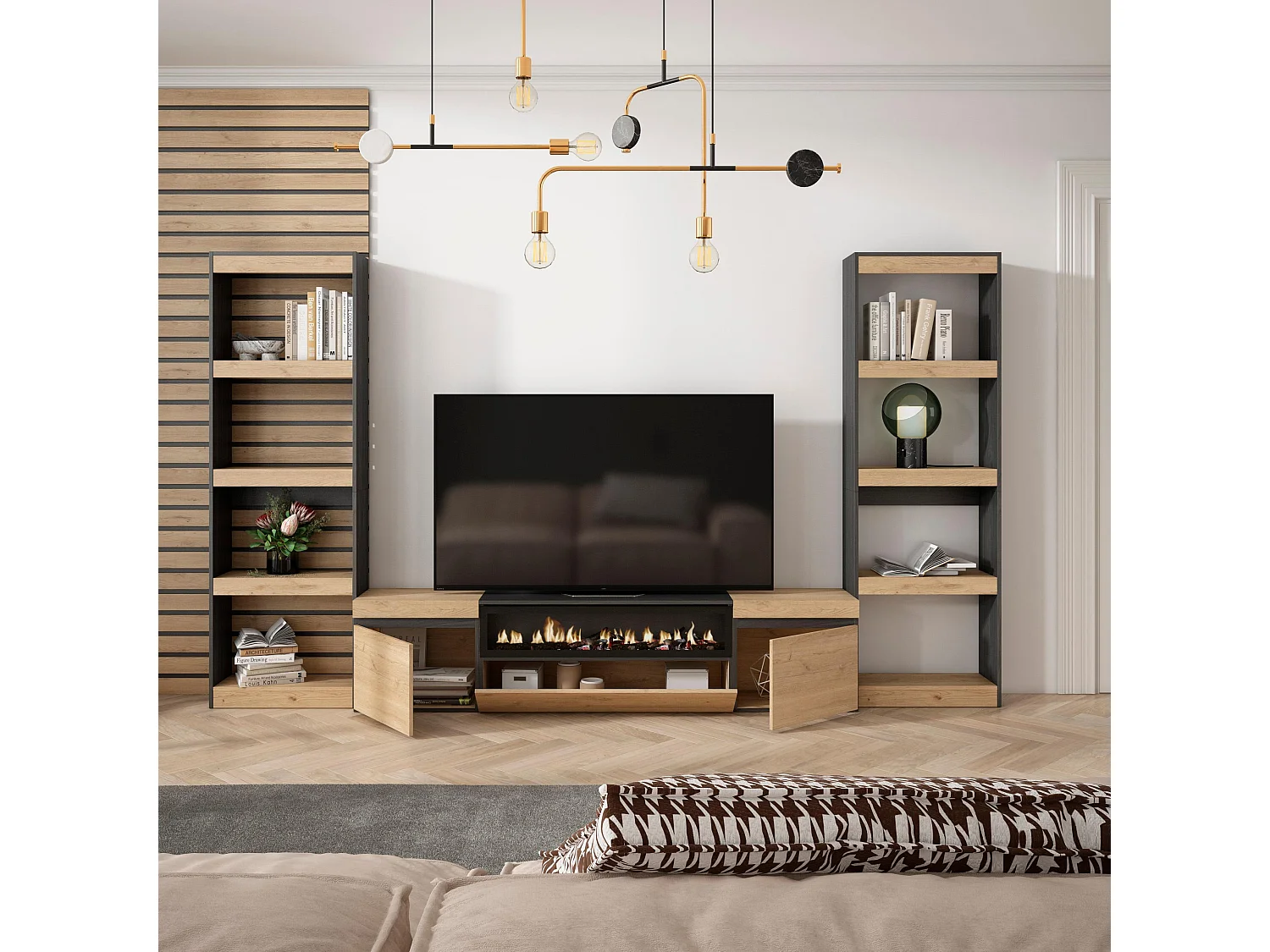 Wohnwand Wohnzimmer, 320x35x186cm, Für TV-Geräte bis zu 80", Elektrokamin. Maße, Eiche Schwarz