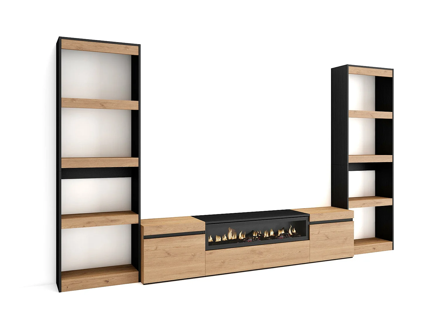 Ensemble Meuble TV, 320x35x186cm, Pour les TV jusqu'à 80", Cheminée électrique, Chêne et noir