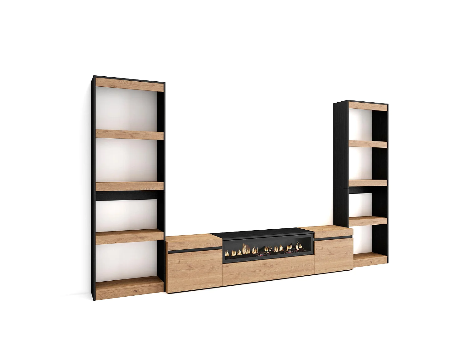 Ensemble Meuble TV, 320x35x186cm, Pour les TV jusqu'à 80", Cheminée électrique, Chêne et noir