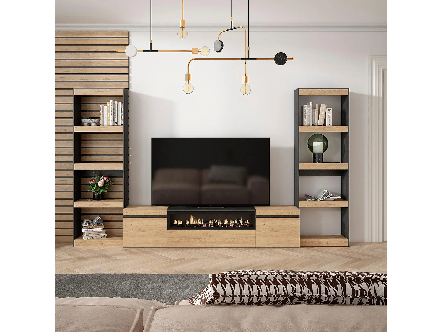 Ensemble Meuble TV, 320x35x186cm, Pour les TV jusqu'à 80", Cheminée électrique, Chêne et noir