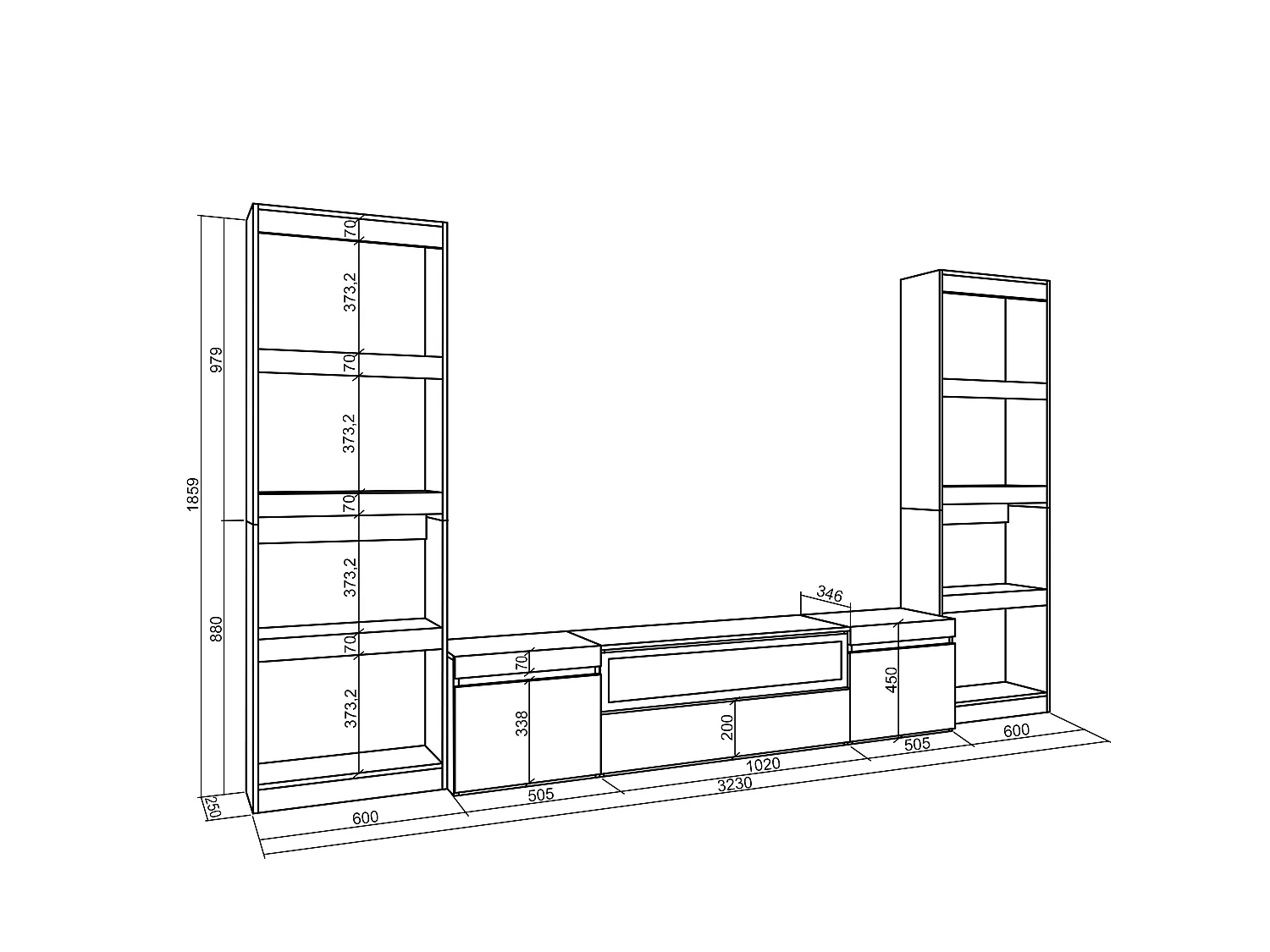 Ensemble Meuble TV, 320x35x186cm, Pour les TV jusqu'à 80", Cheminée électrique, Chêne et noir