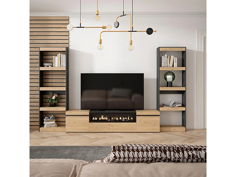 Conjunto de móveis TV, 320x35x186cm, Para televisores até 80", Lareira eléctrica, Carvahlo e preto