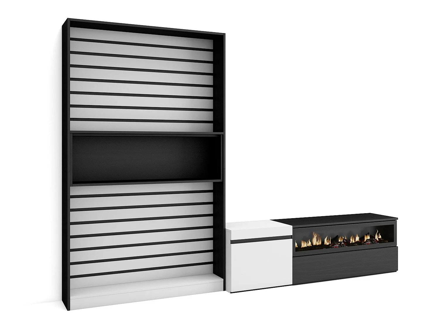 Ensemble Meuble TV, 260x35x186cm, Pour les TV jusqu'à 65", Cheminée électrique, Blanc et noir