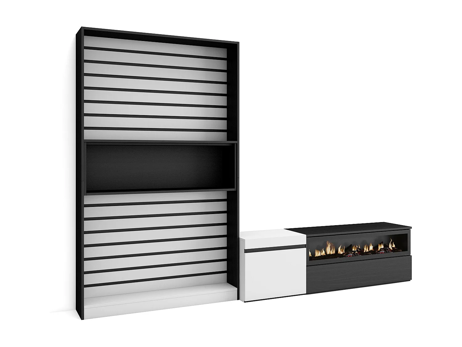 Ensemble Meuble TV, 260x35x186cm, Pour les TV jusqu'à 65", Cheminée électrique, Blanc et noir