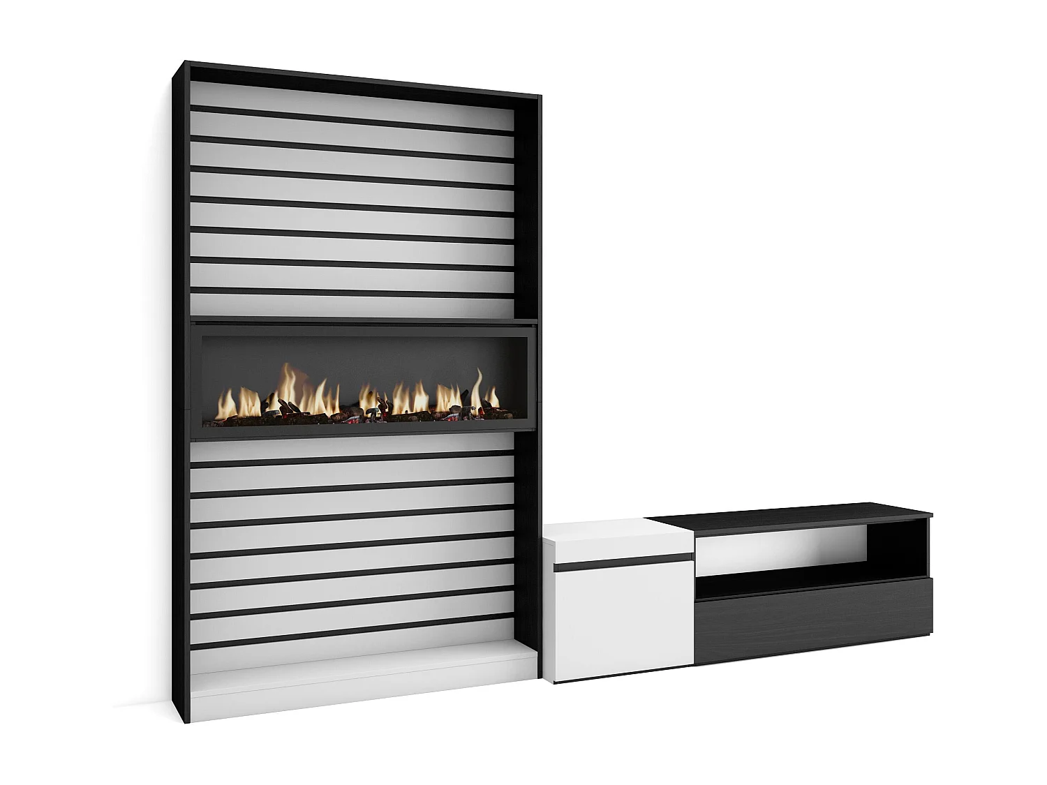 Muebles de Salón para TV, 260x35x186cm, Para TV hasta 65", Chimenea eléctrica, Blanco y negro