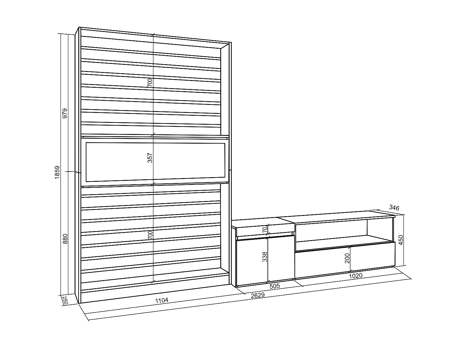 Muebles de Salón para TV, 260x35x186cm, Para TV hasta 65", Chimenea eléctrica, Blanco y negro
