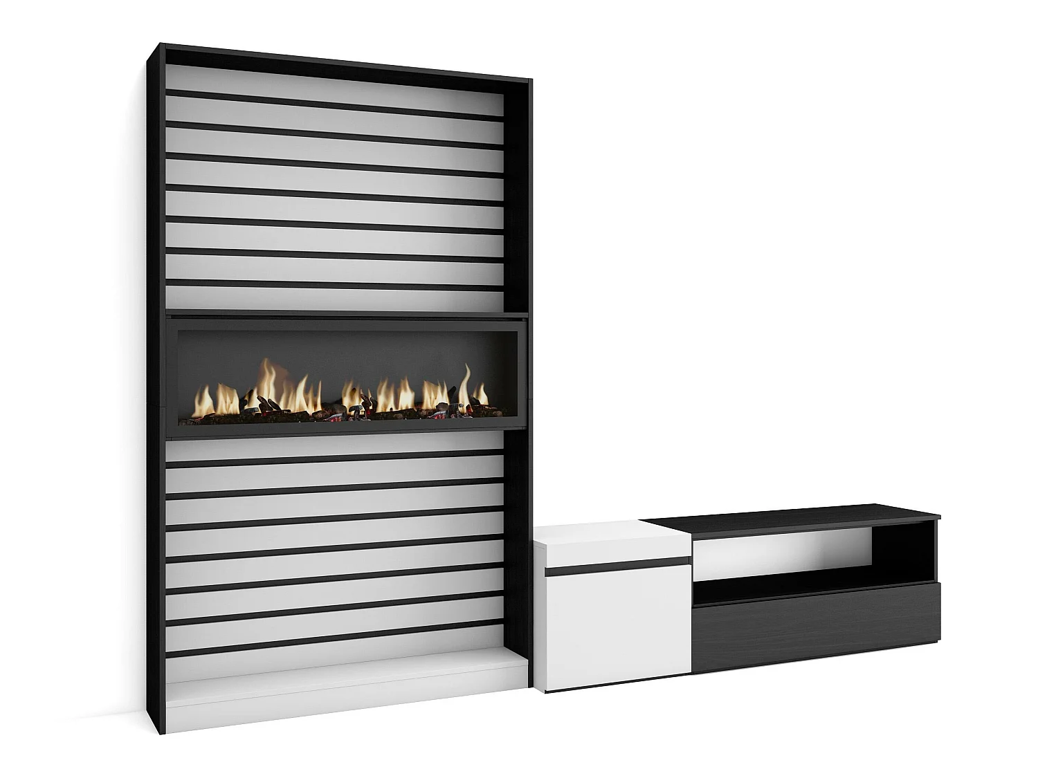Ensemble Meuble TV, 260x35x186cm, Pour les TV jusqu'à 65", Cheminée électrique, Blanc et noir