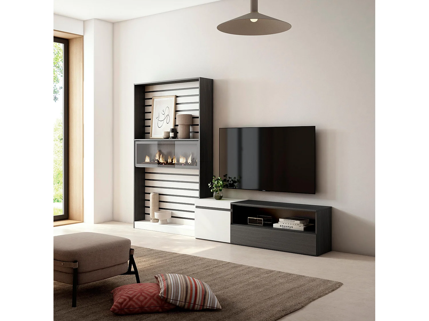 Ensemble Meuble TV, 260x35x186cm, Pour les TV jusqu'à 65", Cheminée électrique, Blanc et noir