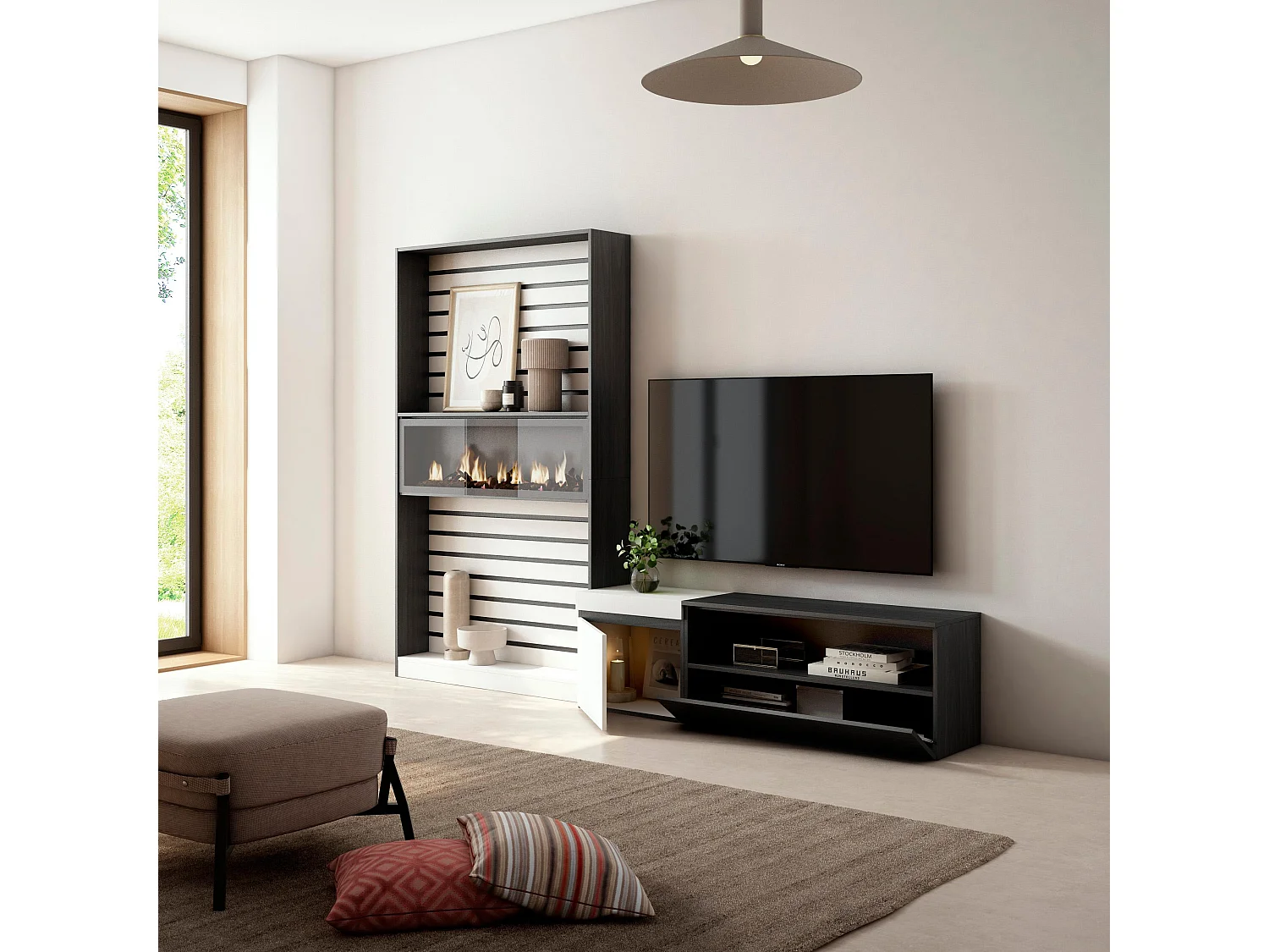 Ensemble Meuble TV, 260x35x186cm, Pour les TV jusqu'à 65", Cheminée électrique, Blanc et noir