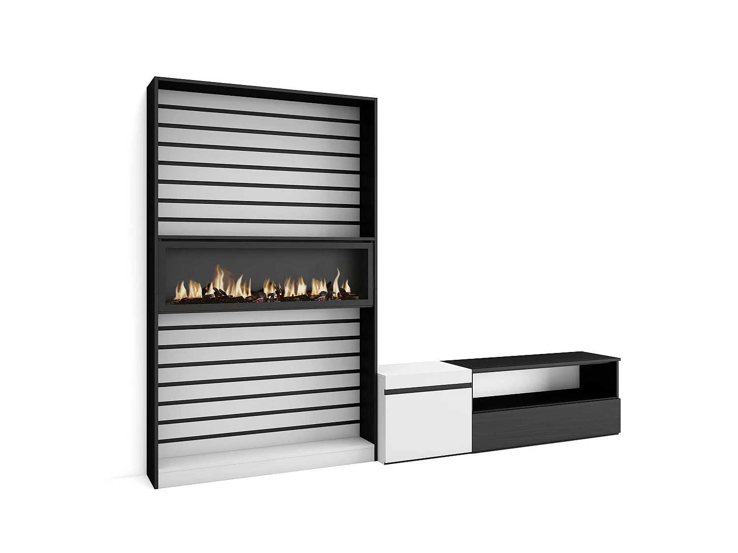 Wohnwand Wohnzimmer, 260x35x186cm, Für TV-Geräte bis zu 65", Elektrokamin. Maße, Weiß und Schwarz