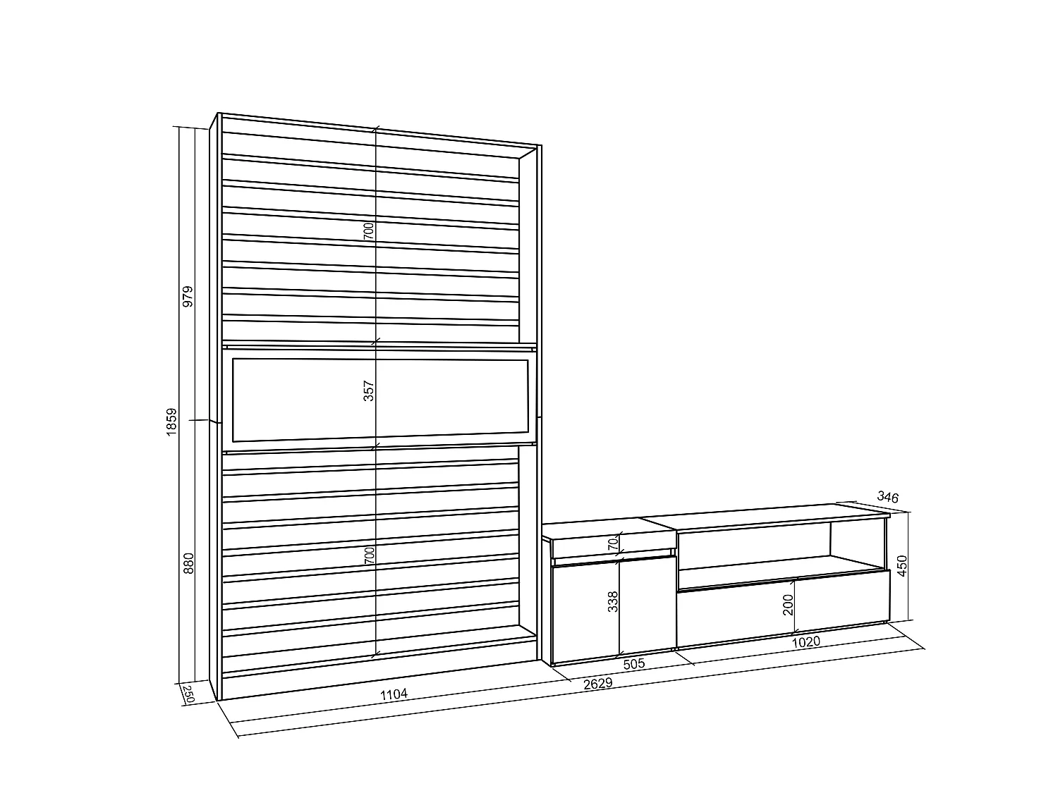Wohnwand Wohnzimmer, 260x35x186cm, Für TV-Geräte bis zu 65", Elektrokamin. Maße, Weiß und Schwarz